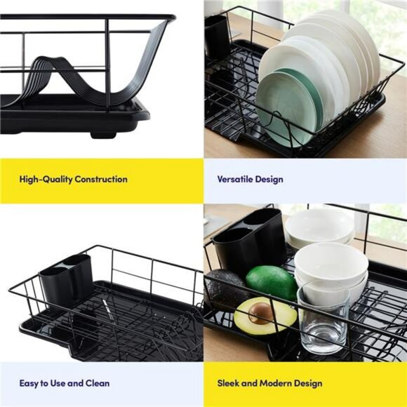 Black 3 Piece Dish Drying Rack Set with Cutlery Holder Drip Tray for Kitchen - Picture 6 of 7